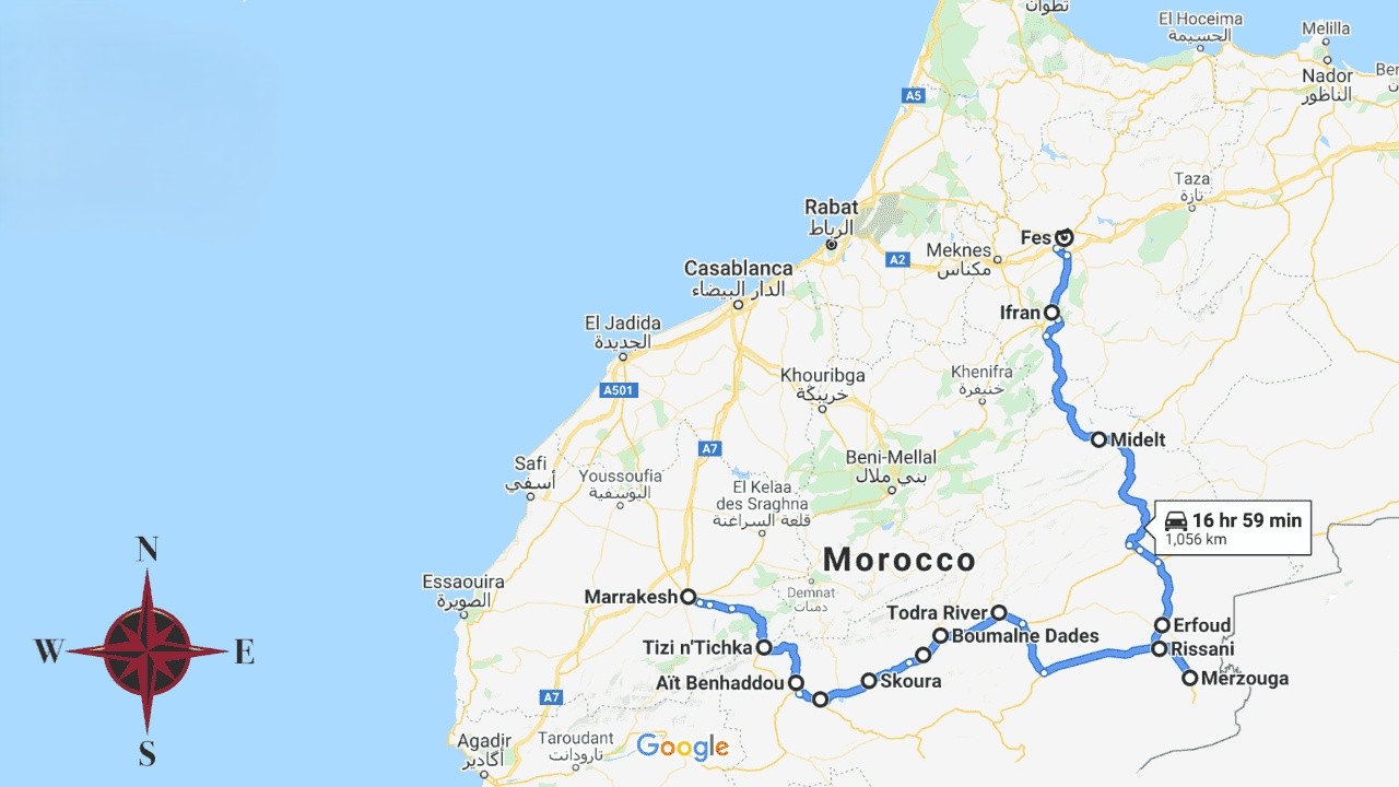 5 Days Desert Tour from Marrakech Map